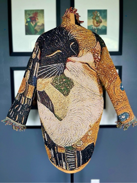 Handmade Sweaters - Klimt's "The Kiss", kissing cats tapestry cardigan, upcycled woven blanket
